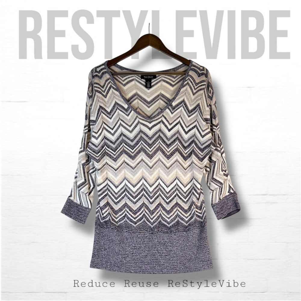 WHITE HOUSE BLACK MARKET Women’s Size L Sweater V-Neck Chevron Sparkle Bling